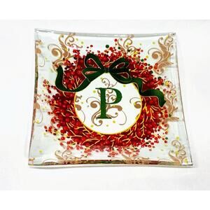 monogram “P” Plate Dish Square Holiday Christmas Wreath Red Green Gold 6x6”